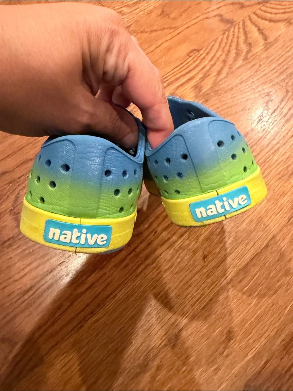 Native Kids Water Shoes — Blue, Green & Yellow Slip-On Clogs